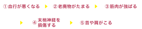 (1)血行が悪くなる→(2)老廃物がたまる→(3)筋肉が強ばる→(4)末梢神経を損傷する→(5)首や肩がこる
